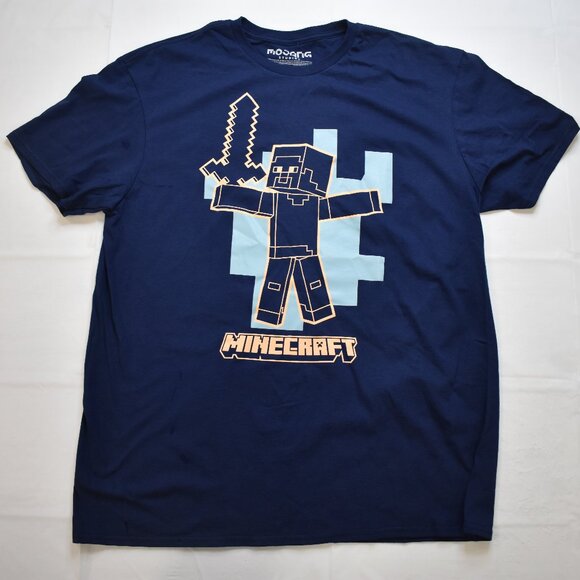 Mojang Studios Mens Minecraft Steve Holding Diamond Sword Navy Shirt New - Picture 1 of 3